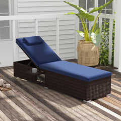 Wicker Chaise Lounge with 6 Level Backrest, Headrest and Folding Side Table, Navy