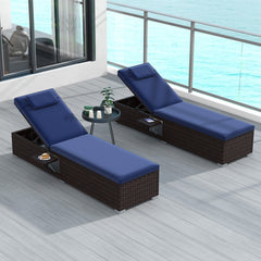 Wicker Chaise Lounge with 6 Level Backrest, Headrest and Folding Side Table, Navy
