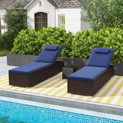 Wicker Chaise Lounge with 6 Level Backrest, Headrest and Folding Side Table, Navy