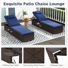 Wicker Chaise Lounge with 6 Level Backrest, Headrest and Folding Side Table, Navy