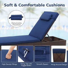 Wicker Chaise Lounge with 6 Level Backrest, Headrest and Folding Side Table, Navy