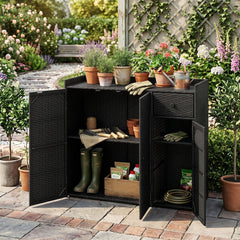 Outdoor PE Wicker Storage Cabinet with 3 Doors and Adjustable Shelves and Drawer-Black