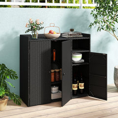 Outdoor PE Wicker Storage Cabinet with 3 Doors and Adjustable Shelves and Drawer-Black