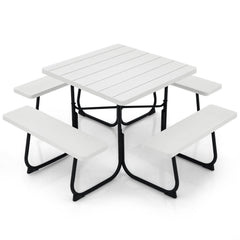 Outdoor Picnic Table with 4 Benches and Umbrella Hole-White