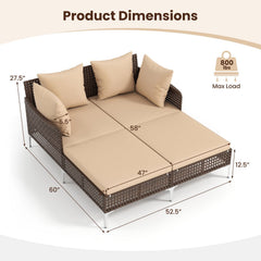 Outdoor Rattan Double Daybed with 47 by 58 in Lying Area, 800 lb, Brown