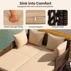 Outdoor Rattan Double Daybed with 47 by 58 in Lying Area, 800 lb, Brown