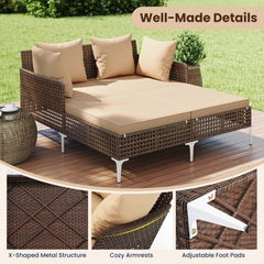 Outdoor Rattan Double Daybed with 47 by 58 in Lying Area, 800 lb, Brown