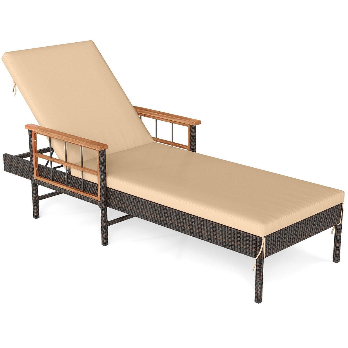 Wicker Chaise Lounge with Acacia Armrests and 4 Level Backrest, Beige