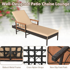Wicker Chaise Lounge with Acacia Armrests and 4 Level Backrest, Beige
