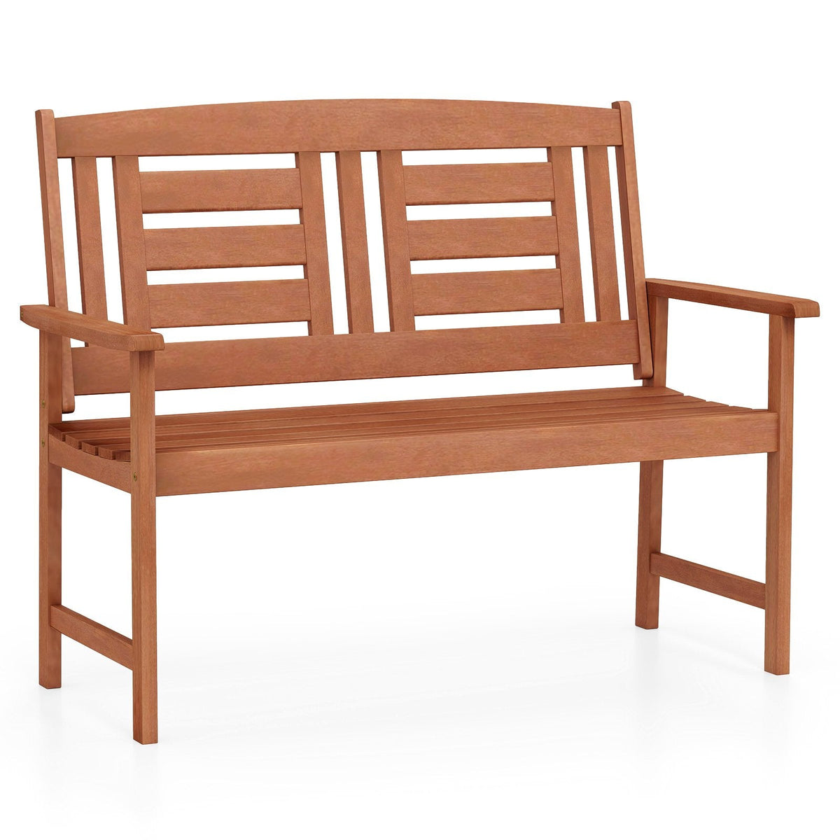 Outdoor Solid Wood Loveseat Hardwood 2-Seat Bench with Inclined Backrest and Slatted Seat