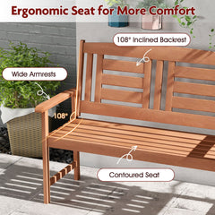 Outdoor Solid Wood Loveseat Hardwood 2-Seat Bench with Inclined Backrest and Slatted Seat