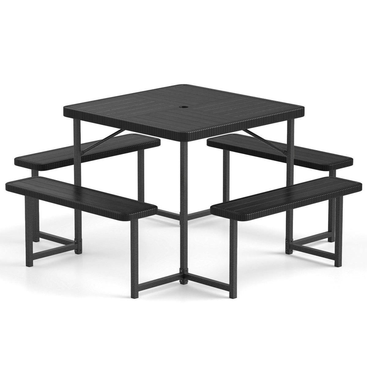 Outdoor Square Picnic Table Bench Set for 4-8 People with Umbrella Hole-Black