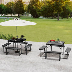 Outdoor Square Picnic Table Bench Set for 4-8 People with Umbrella Hole-Black