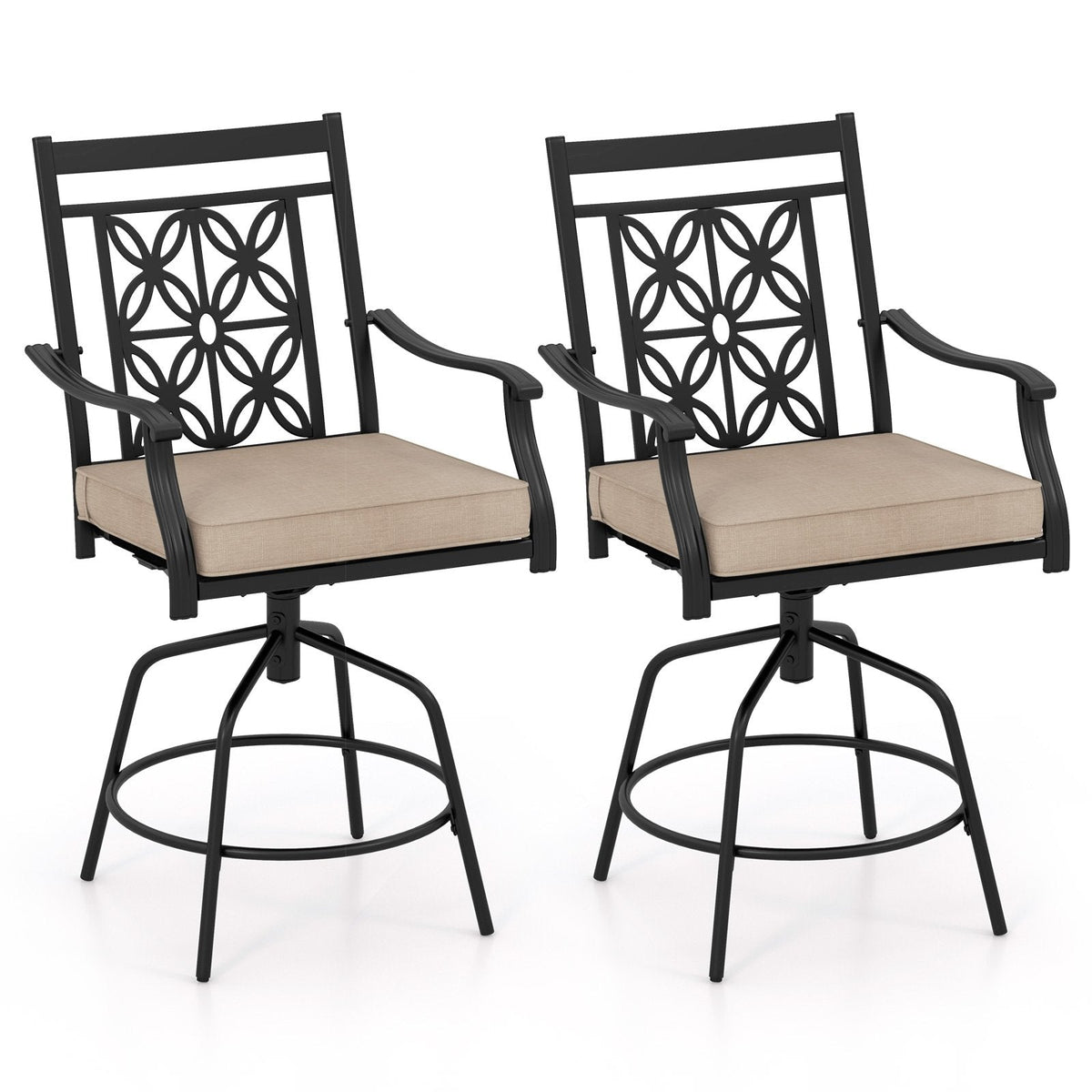 Set of 2 Outdoor Swivel Bar Chairs with Arms and 4 Inch Cushions, Brown on Black