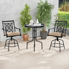 Set of 2 Outdoor Swivel Bar Chairs with Arms and 4 Inch Cushions, Brown on Black