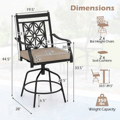 Set of 2 Outdoor Swivel Bar Chairs with Arms and 4 Inch Cushions, Brown on Black