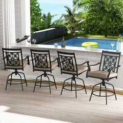 Set of 2 Outdoor Swivel Bar Chairs with Arms and 4 Inch Cushions, Brown on Black