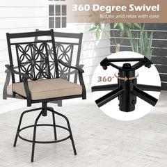 Set of 2 Outdoor Swivel Bar Chairs with Arms and 4 Inch Cushions, Brown on Black