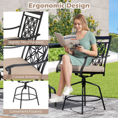 Set of 2 Outdoor Swivel Bar Chairs with Arms and 4 Inch Cushions, Brown on Black