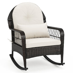 Outdoor Wicker Rocking Chair with Anti-Tip Stoppers 400 LBS for Porch Deck-White
