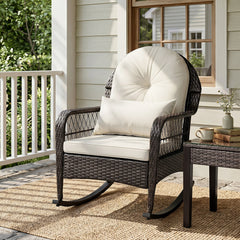 Outdoor Wicker Rocking Chair with Anti-Tip Stoppers 400 LBS for Porch Deck-White