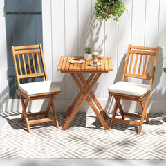 3 Piece Folding Acacia Wood Bistro Set with Vertical Slat Chairs and Seat Cushions, Off White
