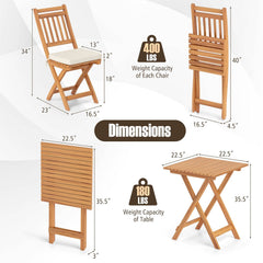 3 Piece Folding Acacia Wood Bistro Set with Vertical Slat Chairs and Seat Cushions, Off White