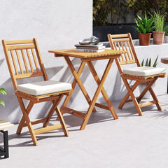 3 Piece Folding Acacia Wood Bistro Set with Vertical Slat Chairs and Seat Cushions, Off White
