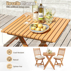 3 Piece Folding Acacia Wood Bistro Set with Vertical Slat Chairs and Seat Cushions, Off White