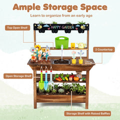 Outdoor Wood Mud Kitchen with Water Faucet and Planter for Kids Age 3+-Brown