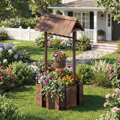 Outdoor Wooden Wishing Well Planter, 47 Inch Fir Garden Feature with Hanging Bucket