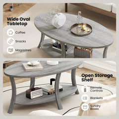 Oval Coffee Table 2-Tier Center Table with Storage Shelf-Gray