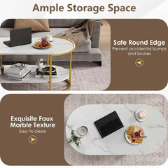 Oval Coffee Table 2-Tier Wooden Accent Table with Spacious Tabletop and Open Storage Shelf-White