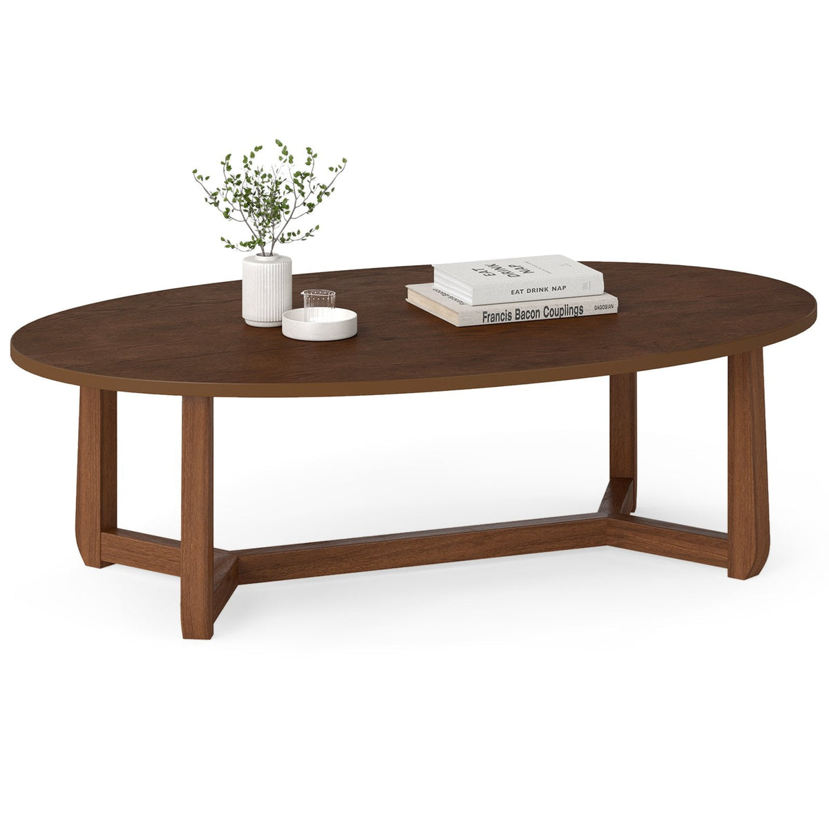 Oval Coffee Table 46 Inches Wooden Accent Table with Thickened Top-Walnut
