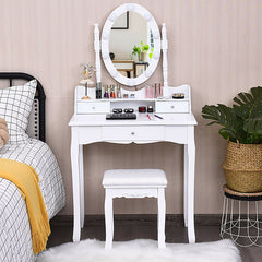 Oval Mirror Vanity Set, with 10 LED Dimmable Bulbs and 3 Drawers-White