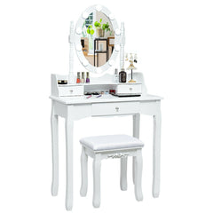 Oval Mirror Vanity Set, with 10 LED Dimmable Bulbs and 3 Drawers-White