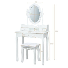 Oval Mirror Vanity Set, with 10 LED Dimmable Bulbs and 3 Drawers-White