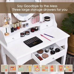 Oval Mirror Vanity Set, with 10 LED Dimmable Bulbs and 3 Drawers-White