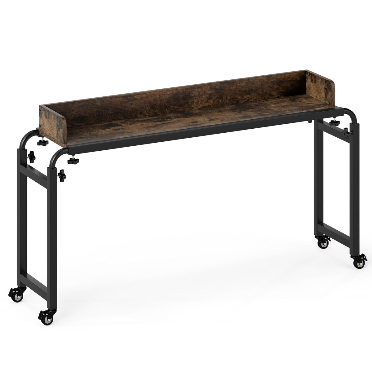 Overbed Desk with Wheels Queen Size Mobile Bed Desk with Adjustable Height-Brown