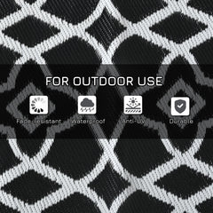 Reversible Outdoor Rug, Waterproof Plastic Straw RV Rug with Carry Bag, 9' x 18', Black and White Clover