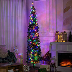 7.5' Artificial Pencil Christmas Trees Holiday Decoration with Colourful LED Lights, Steel Base, Skinny Shape