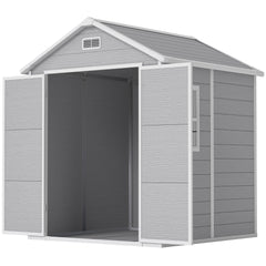 6x5 Plastic Garden Storage Shed with Floor Window Lockable Doors and Vents Outdoor Wood Effect Grey