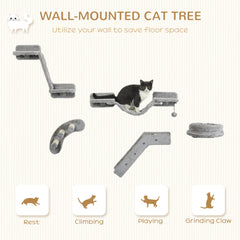 5PCs Cat Wall Shelves with Scratching Post, Ladder, Cat Bed, Jumping Platform, Perches, Toy Ball, Step