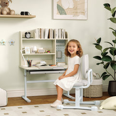 Kids Desk and Chair Set with Tilting Desktop, Adjustable Height, Drawer and Shelves for Boys Girls Ages 3-12, Grey