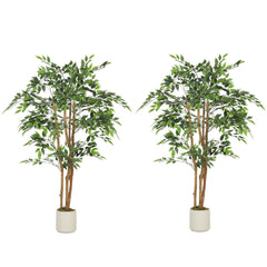 4FT Artificial Banyan Tree Set of 2, Fake Potted Tree with Solid Wood Trunk and Pot for Indoor