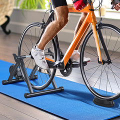 Foldable Indoor Bike Trainer, Stationary Bicycle Stand for Riding Exercise, 26-28" & 700C Wheels, Quick Release Skewer & Front Wheel Riser Block Included, Black