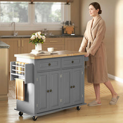 Kitchen Island with Storage, Rolling Trolley Cart with Rubber Wood Top, Spice Rack, Towel Rack, Brown Oak
