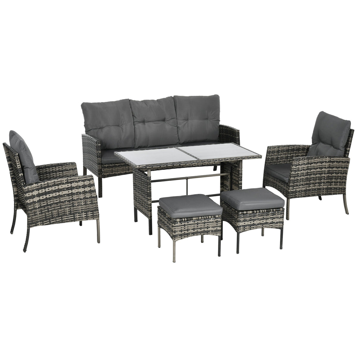 6-Piece Outdoor Patio Furniture Set with Chairs, Ottomans, Sofa, Glass Top Coffee Table and Cushions, Wicker Rattan Conversation Set for Backyard and Porch, Grey