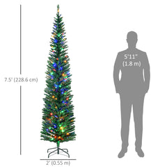 7.5' Artificial Pencil Christmas Trees Holiday Decoration with Colourful LED Lights, Steel Base, Skinny Shape