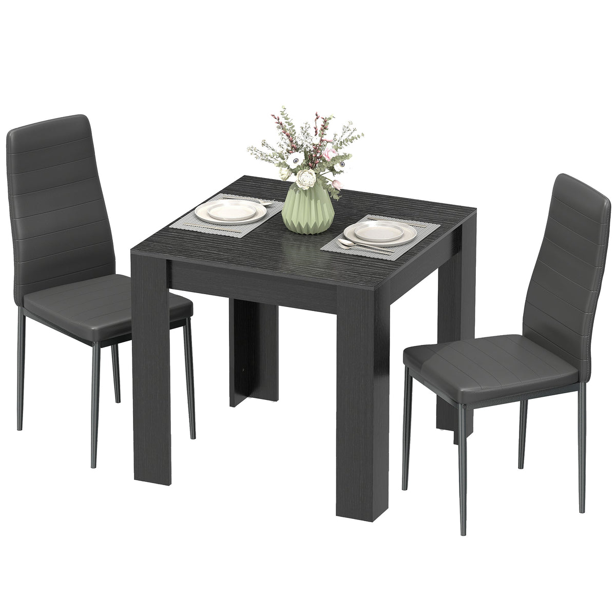 Dining Table Set for 2, Square Kitchen Table and Chairs, Dining Room Table and PU Leather Upholstered Chairs, Black